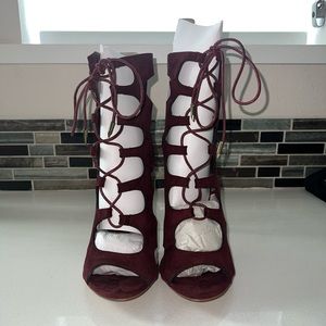 Burgundy lace up heels for a night on the town